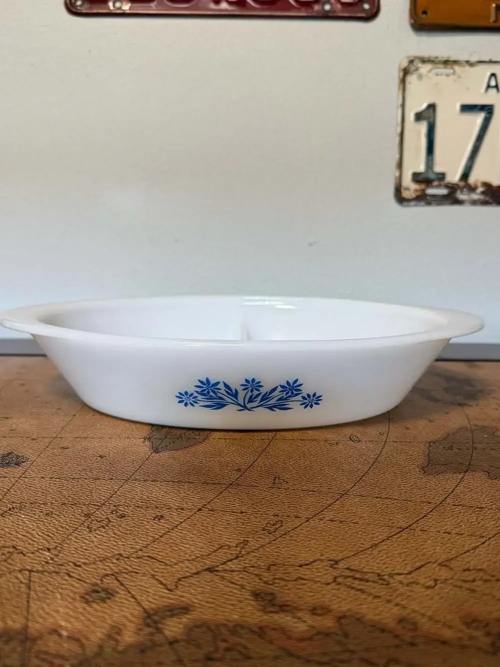 VTG Glasbake Milk Glass Divided Oval Casserole Dish with Blue Flower Pattern